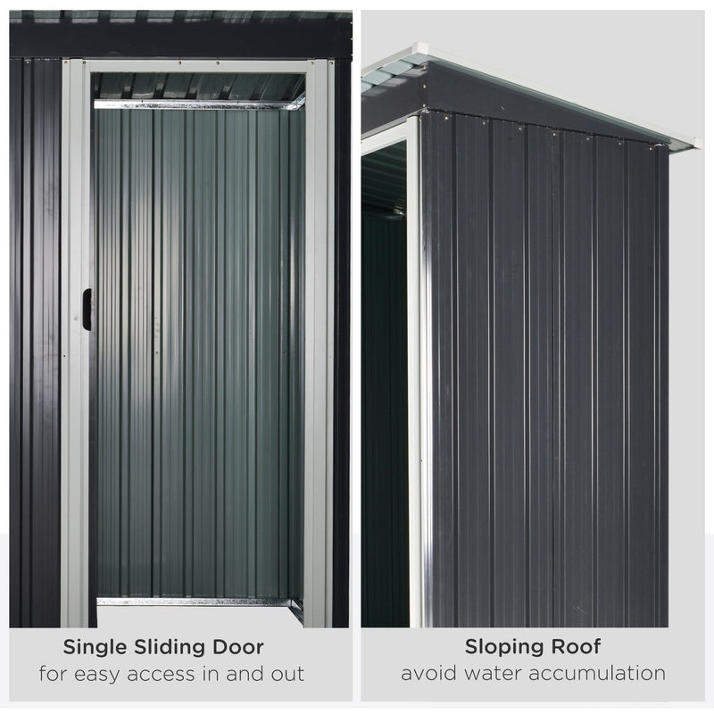 Two feature panels showing the single sliding door and the sloping pent roof