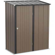 Brown 5x3ft metal garden shed with sloping pent roof and closed latched door, front view