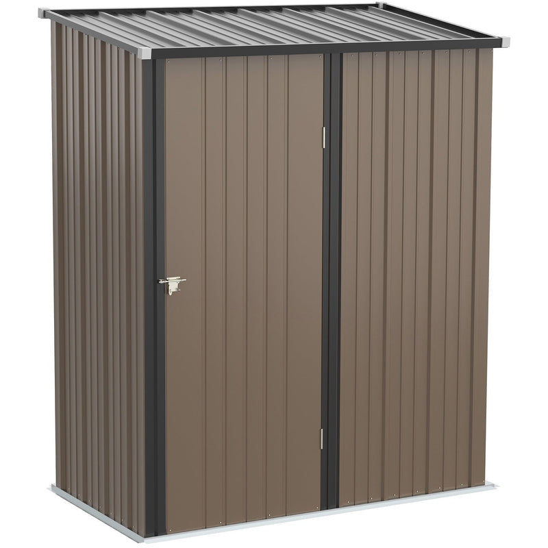 Brown 5x3ft metal garden shed with sloping pent roof and closed latched door, front view