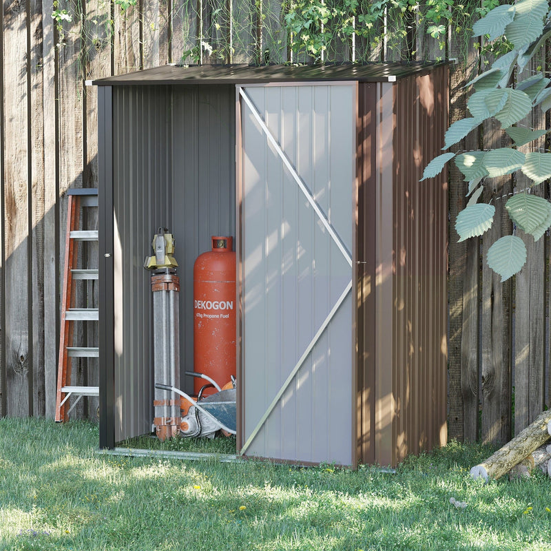 Brown metal shed against a wooden fence with the door open showing a ladder, gas bottle and tools inside