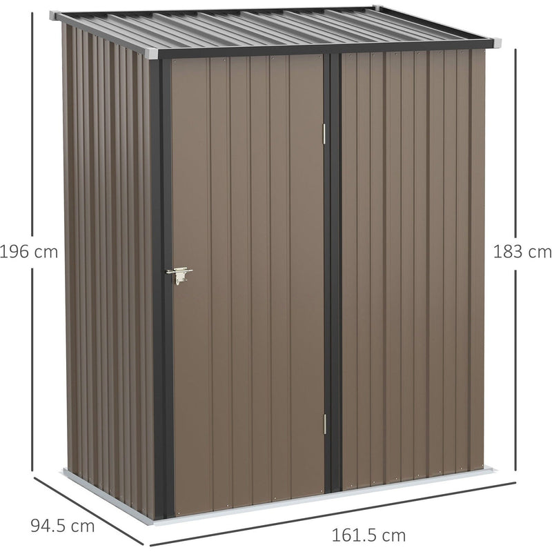Dimension diagram of the brown metal shed: 161.5cm wide, 94.5cm deep, 196cm high at the back and 183cm at the eave