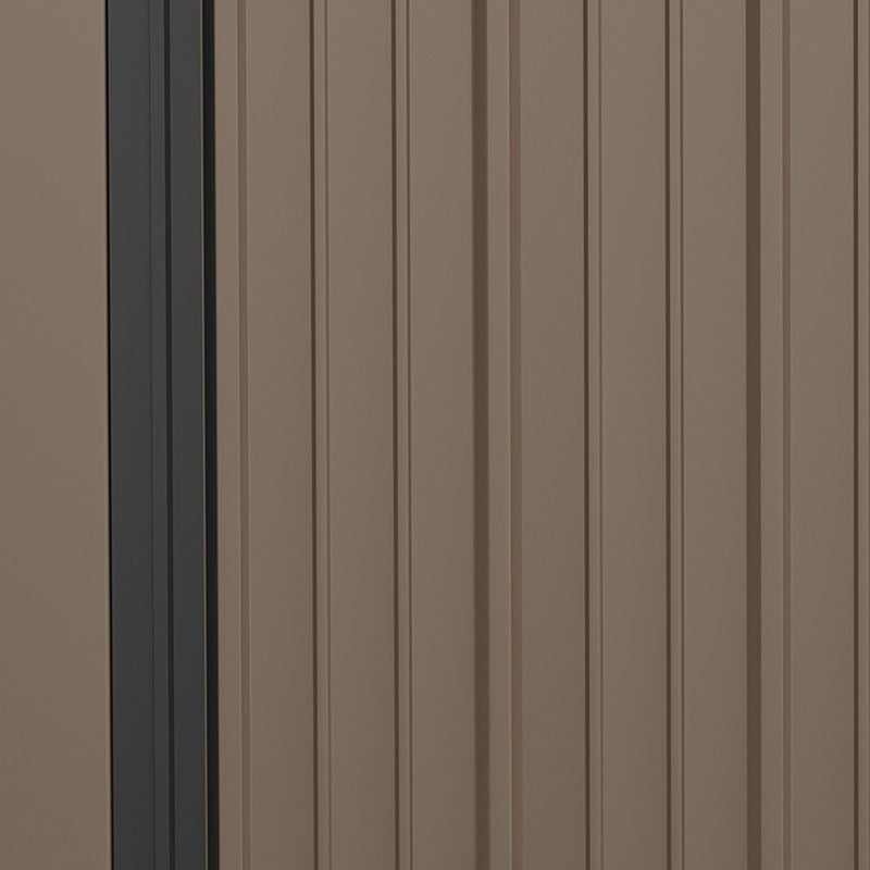 Close-up of the ribbed brown steel wall panels and dark grey corner post of the shed