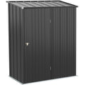 Dark grey 5x3ft metal garden shed with sloping pent roof and closed latched door, front view