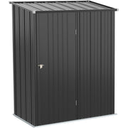 Dark grey 5x3ft metal garden shed with sloping pent roof and closed latched door, front view