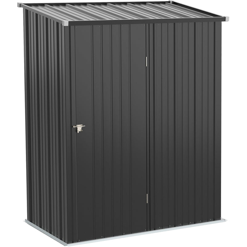 Dark grey 5x3ft metal garden shed with sloping pent roof and closed latched door, front view
