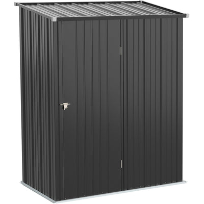 Dark grey 5x3ft metal garden shed with sloping pent roof and closed latched door, front view