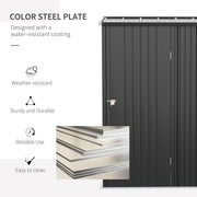 Feature panel showing the water-resistant coated colour steel plate layers used in the grey shed panels