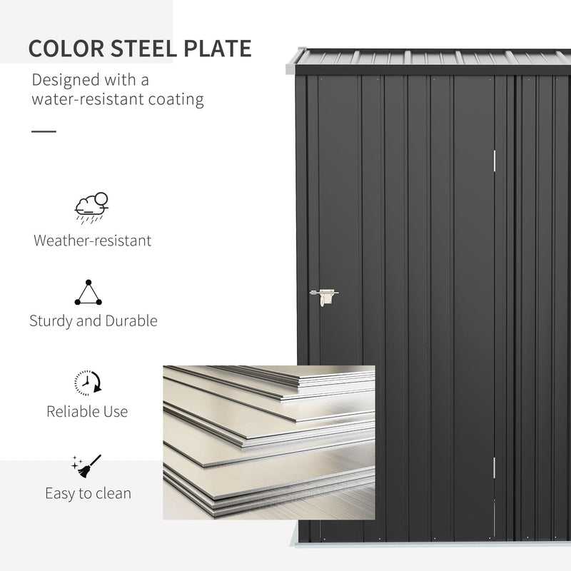 Feature panel showing the water-resistant coated colour steel plate layers used in the grey shed panels