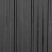 Close-up of the ribbed dark grey steel wall panels and vertical seam of the shed