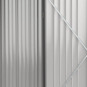 Close-up inside the shed door showing the pale interior lining and diagonal reinforcing brace