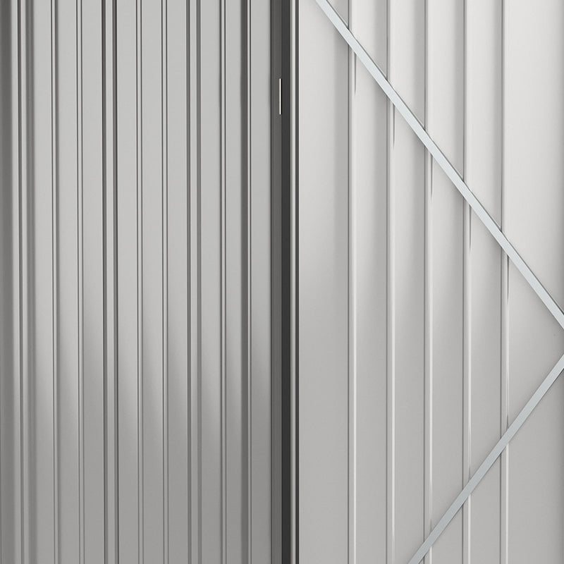 Close-up inside the shed door showing the pale interior lining and diagonal reinforcing brace