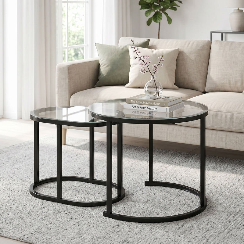 Set of 2 Glass Top Coffee Tables for Extra Living Room Surface Space Black and Clear