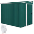 Green 5x7ft Outsunny lean to metal garden shed on a white background with the sliding door closed and the supplied gloves alongside