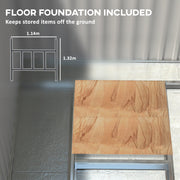 Feature panel showing the included 1.14 x 1.32 m steel floor foundation frame with a timber board laid on top