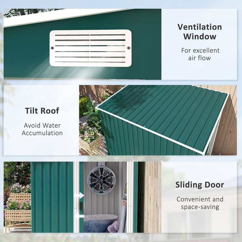 Feature panel showing the shed's ventilation grille, its tilted roof and the space saving sliding door