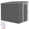 Outsunny 5x7ft dark grey metal garden shed with a pent roof and single sliding door, shown with the included gloves
