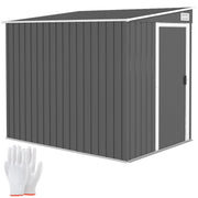 Outsunny 5x7ft dark grey metal garden shed with a pent roof and single sliding door, shown with the included gloves