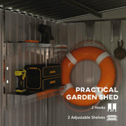 Inside the dark grey shed showing the 2 adjustable shelves and 2 hooks holding tools and equipment
