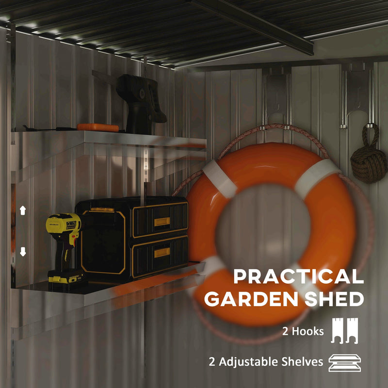 Inside the dark grey shed showing the 2 adjustable shelves and 2 hooks holding tools and equipment
