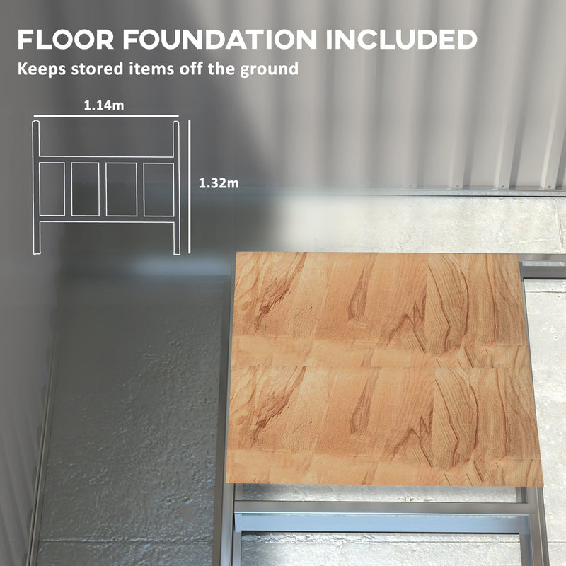 Floor foundation panel showing the steel base frame that keeps stored items off the ground
