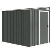 Light grey 5x7ft pent-roof metal garden shed with sliding door closed, studio view