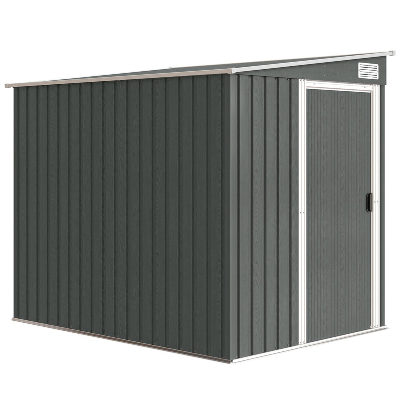 Light grey 5x7ft pent-roof metal garden shed with sliding door closed, studio view