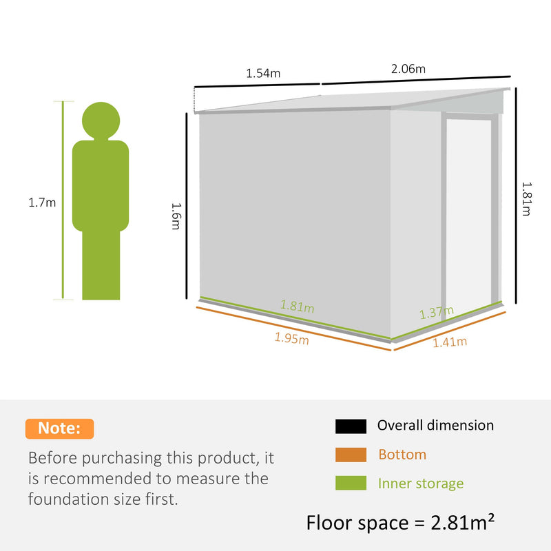 Dimension diagram: 154 cm wide across the door end, 206.5 cm deep, 181 cm high falling to 160 cm