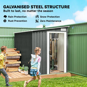 Galvanised steel structure panel with two children carrying logs past the open shed