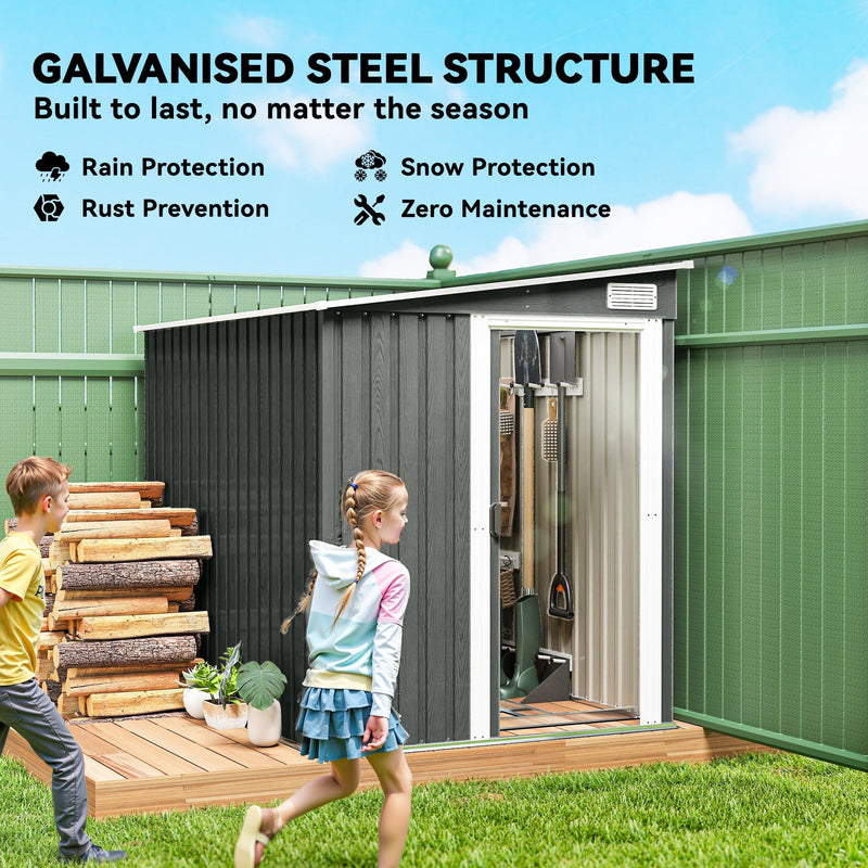Galvanised steel structure panel with two children carrying logs past the open shed