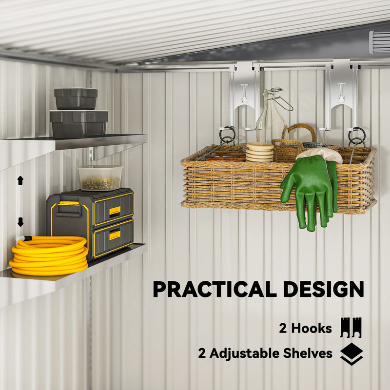 Practical design panel showing 2 hooks and 2 adjustable shelves holding baskets and gloves