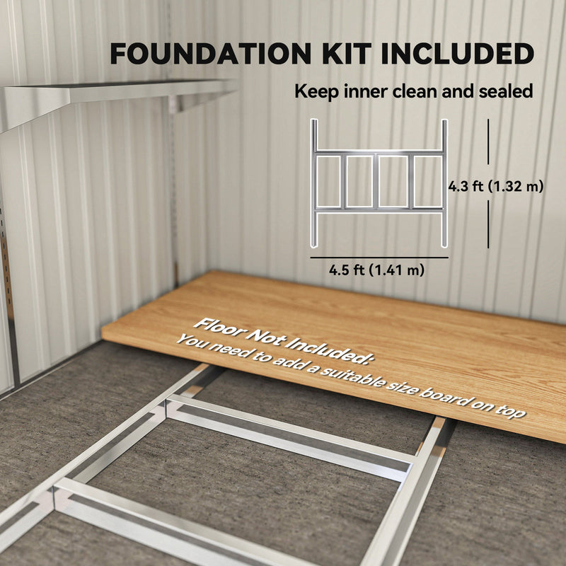 Foundation kit panel showing the steel base frame, with a note that the floor is not included