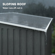 Sloping roof panel with rain running off the edge of the wood-grain steel shed