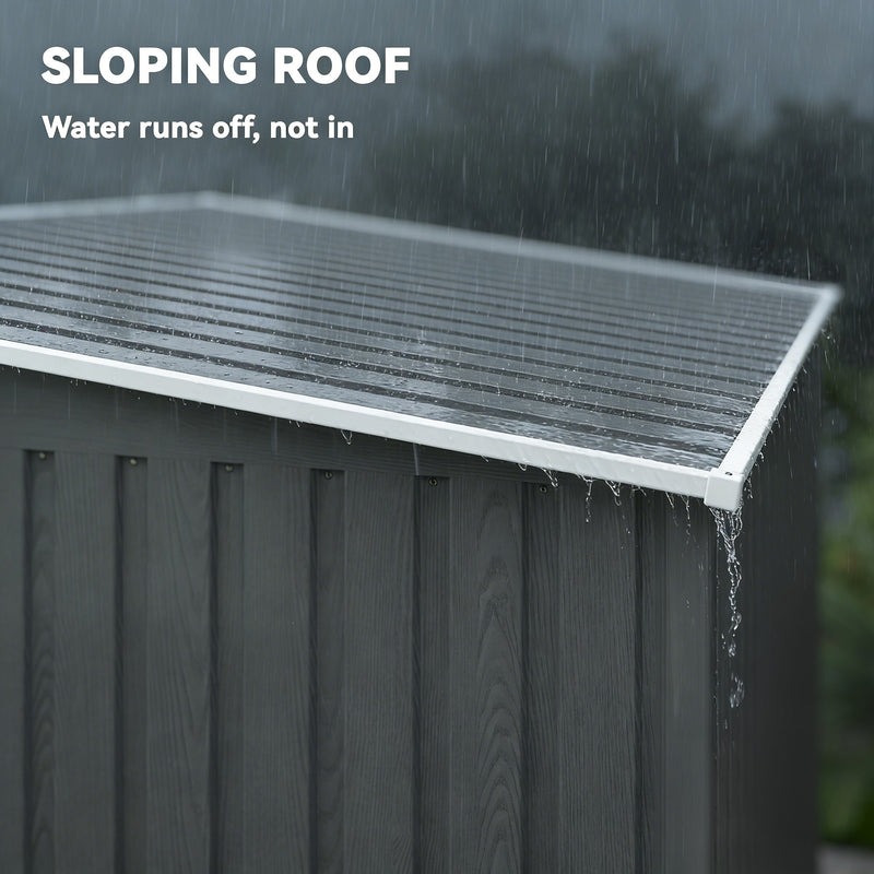 Sloping roof panel with rain running off the edge of the wood-grain steel shed