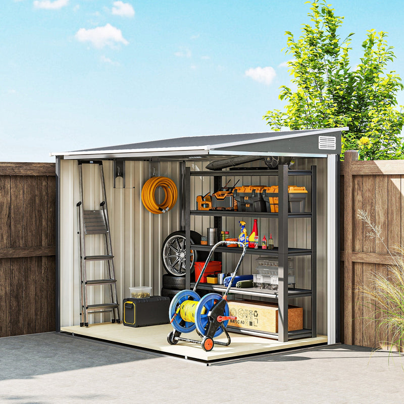 Cutaway view of the shed interior with a hose reel, a tyre, a workbench and a step ladder