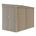 Brown 5x9ft Outsunny lean-to metal garden shed with its double doors closed, front three-quarter view