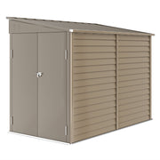 Brown 5x9ft Outsunny lean-to metal garden shed with its double doors closed, front three-quarter view