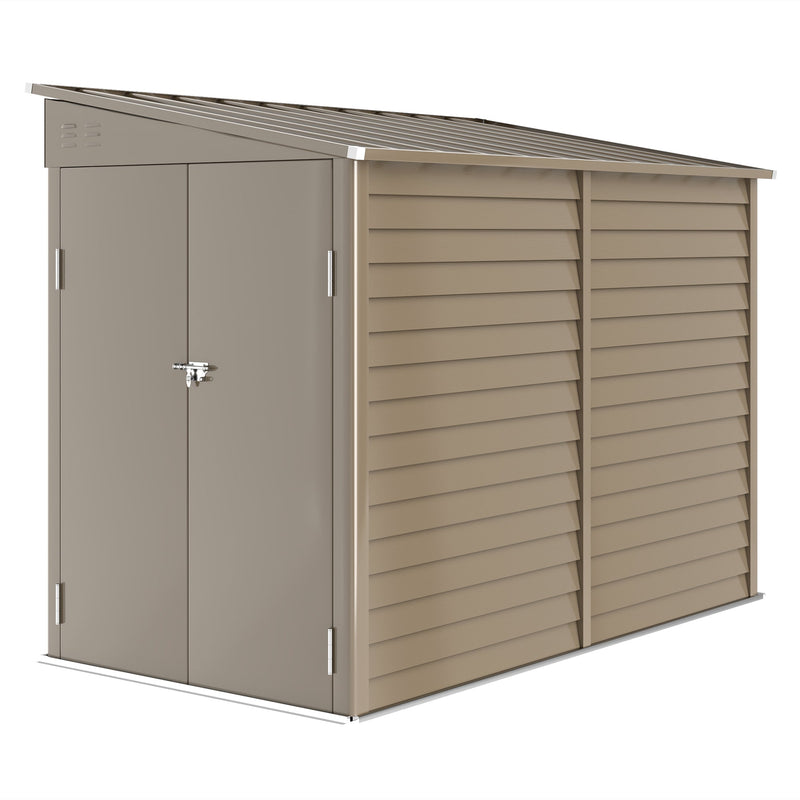 Brown 5x9ft Outsunny lean-to metal garden shed with its double doors closed, front three-quarter view