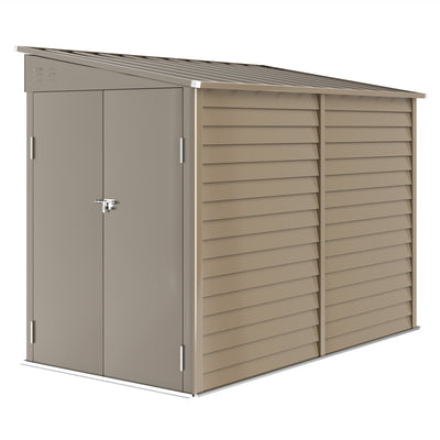 Brown 5x9ft Outsunny lean-to metal garden shed with its double doors closed, front three-quarter view