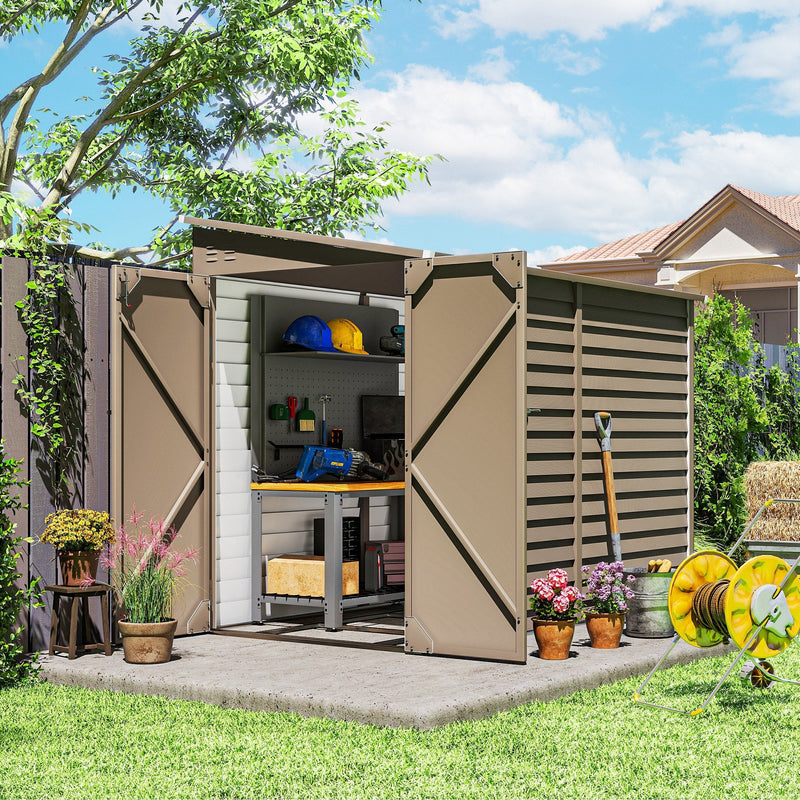The brown lean-to shed in a garden with both doors open, showing a workbench and pegboard inside