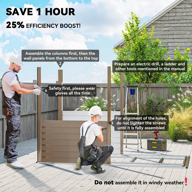Assembly guidance panel showing two people building the shed with gloves, a drill and a ladder