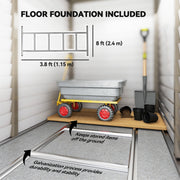 Floor foundation panel showing the 115 x 240 cm steel base frame supplied with the shed