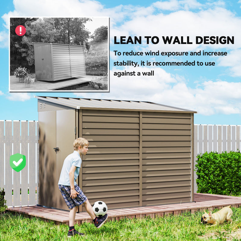 Lean to wall design panel explaining the shed stands against a wall to reduce wind exposure