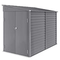 Grey 5x9ft Outsunny lean-to metal garden shed with its double doors closed, front three-quarter view