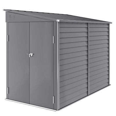 Grey 5x9ft Outsunny lean-to metal garden shed with its double doors closed, front three-quarter view