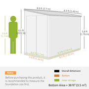 Dimension diagram showing the shed 270 cm deep, 143 cm wide and 202 cm sloping down to 176 cm high