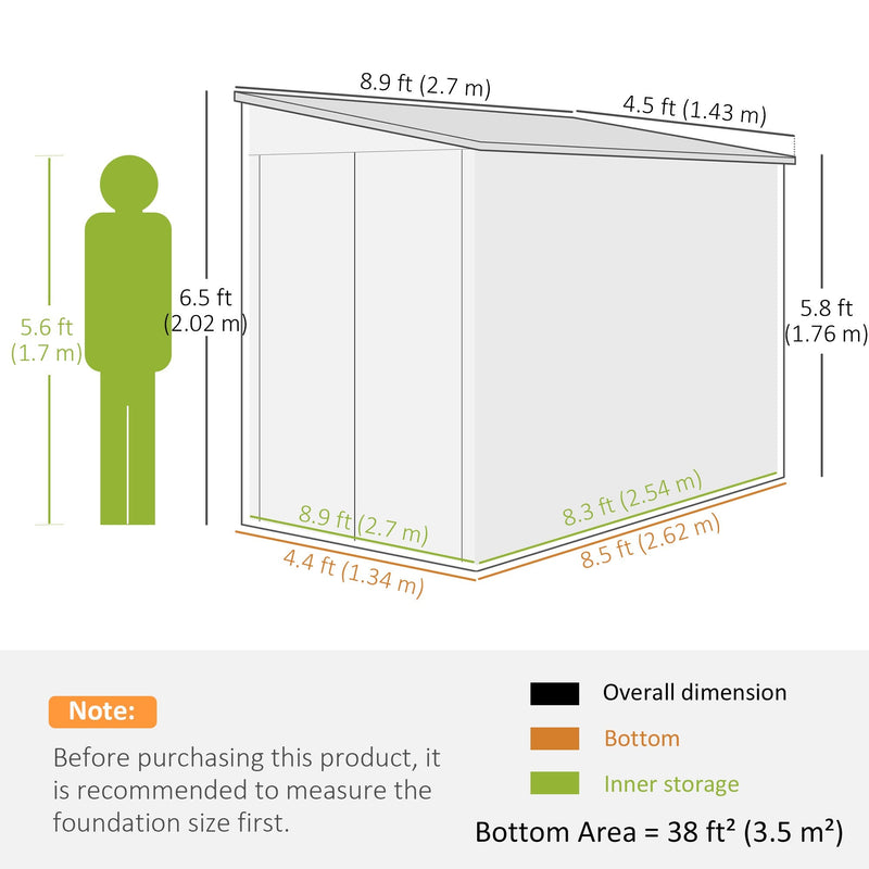 Dimension diagram showing the shed 270 cm deep, 143 cm wide and 202 cm sloping down to 176 cm high