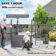 Assembly guidance panel showing two people building the shed with gloves, a drill and a ladder