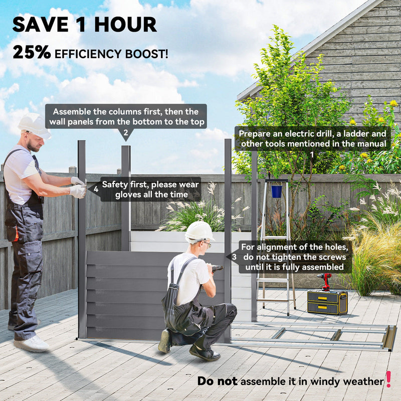 Assembly guidance panel showing two people building the shed with gloves, a drill and a ladder