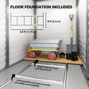Floor foundation panel showing the 115 x 240 cm steel base frame supplied with the shed