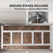 Overhead view of the foundation frame pinned at all four corners with the included ground stakes